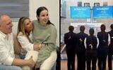 Jewish women, including at the Israeli airline El Al, wore braids to celebrate Agam Berger, released from Hamas captivity on Jan. 30, 2025. (Berger with her parents: handout; El Al staff via El Al)