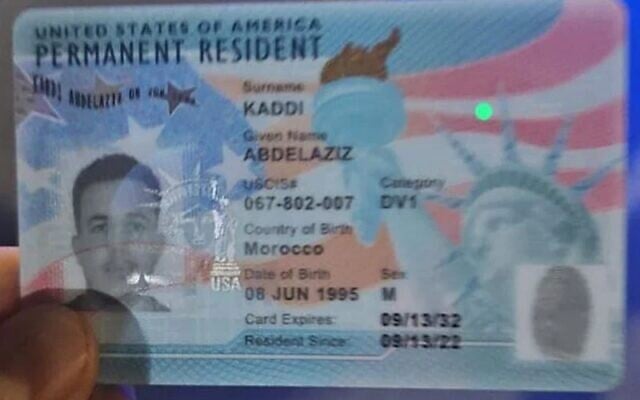 The US green card found on the body of Abdelaziz Kaddi, a Moroccan terrorist who stabbed four people in Tel Aviv on January 21, 2025. (X; used in accordance with clause 27a of the copyright law)