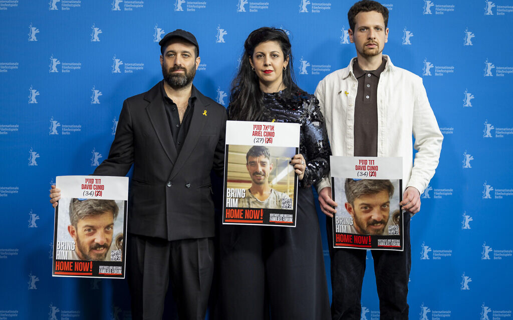 Filmmaker Tom Shoval, left with 'A Letter to David' producers Alona Refua and Roy Bareket, of Green Productions at the February 16, 2025 screening of the film about hostage David Cunio (Courtesy)