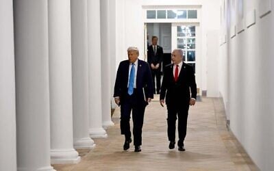 US President Donald Trump with Prime Minister Benjamin Netanyahu at the White House, in Washington, February 4, 2025. (Avi Ohayon/GPO)