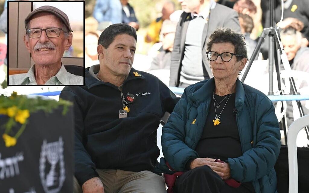 Former hostage Yocheved Lifshitz (right) and her son Arnon, at the funeral of her husband and his father, slain hostage Oded Lifshitz, at Kibbutz Nir Oz on February 25, 2025. (Paulina Patimer/The Hostages Families Forum Headquarters); inset: Oded Lifshitz (Amiram Oren)