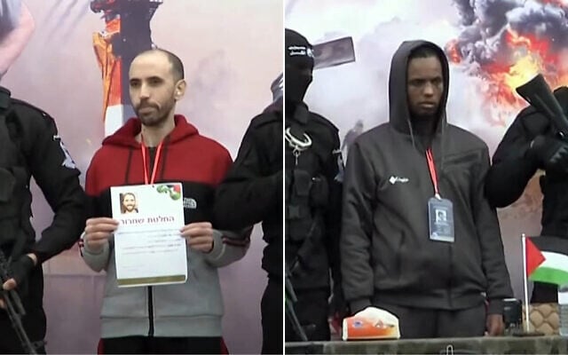 Hostages Tal Shoham (left) and Avera Mengistu, surrounded by armed fighters, stand on a stage in Rafah as they are released by the Hamas terror group in Rafah on February 22, 2025 (Screen grab/YouTube)