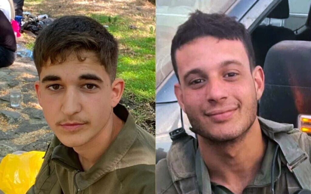 Staff Sgt. Nachman Refael Ben Ami, left, and Sgt. First Class (res.) Nadav Cohen, killed in an accidental crane collapse in Gaza on February 6, 2025. (Courtesy)