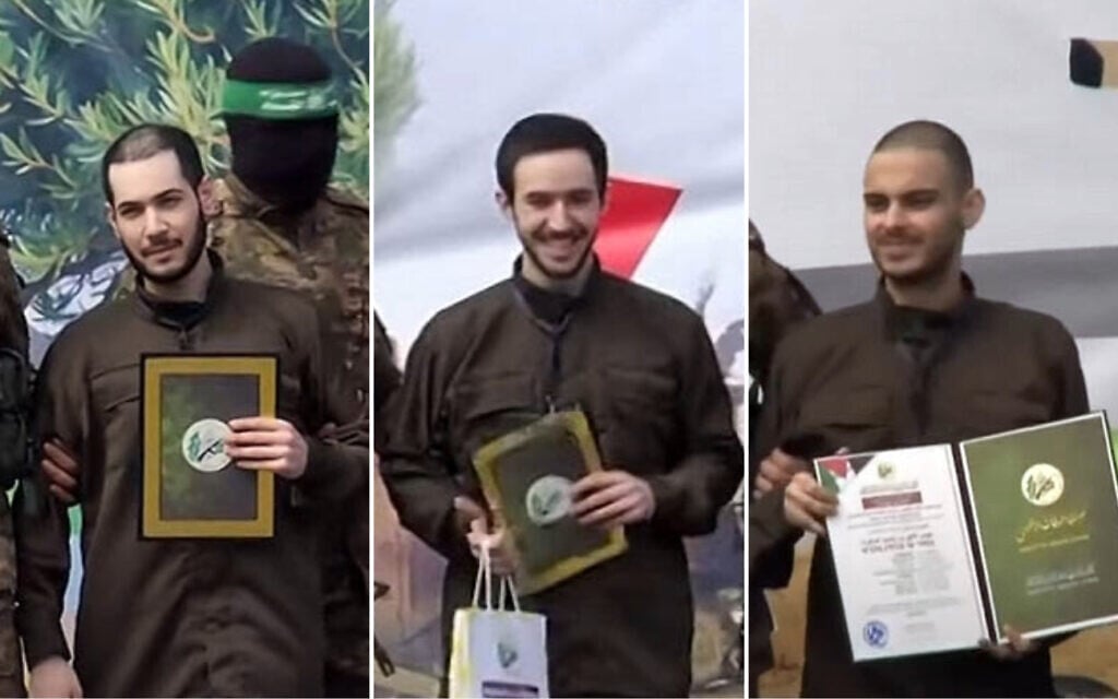 Eliya Cohen (L), Omer Shem Tov and Omer Wenkert, flanked by armed fighters, on stage at a Hamas propaganda ceremony for their release in Gaza on February 22, 2025 (Screen grab/YouTube)