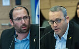Chairman of the Knesset Constitution Law and Justice Committee MK Simcha Rothman (left) leads a hearing for legislation to change the appointment process for the ombudsman for judges, February 18, 2025. (Chaim Goldberg/Flash90); The Democrats MK Gilad Kariv attends a Knesset committee meeting on January 27, 2025. (Yonatan Sindel/Flash90)