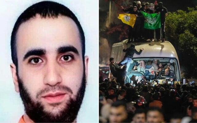 Left: Nael Obeid (social media); Right: A crowd gathers around a bus carrying released Palestinian prisoners as it arrives in the West Bank city of Beitunia, January 20, 2025. (AP Photo/Leo Correa) Left: Nael Obeid (social media); Right: A crowd gathers around a bus carrying released Palestinian prisoners as it arrives in the West Bank city of Beitunia, January 20, 2025. (AP Photo/Leo Correa)