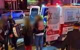 Paramedics in Ramle take a shooting victim to a nearby hospital on February 25, 2025. (Magen David Adom)