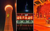L to R: Air traffic control tower at Ben-Gurion Airport near Tel Aviv (Instagram), the Knesset in Jerusalem (Dani Shem Tov/Knesset Spokesman), and the President's Residence in Jerusalem (President's Residence Spokesman), all lit up in orange in honor of Shiri Bibas and her sons Ariel, 4, and Baby Kfir, who were murdered in Hamas captivity and will be laid to rest in Israel on February, 26, 2025.