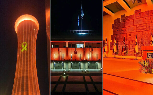 L to R: Air traffic control tower at Ben-Gurion Airport near Tel Aviv (Instagram), the Knesset in Jerusalem (Dani Shem Tov/Knesset Spokesman), and the President's Residence in Jerusalem (President's Residence Spokesman), all lit up in orange in honor of Shiri Bibas and her sons Ariel, 4, and Baby Kfir, who were murdered in Hamas captivity and will be laid to rest in Israel on February, 26, 2025. L to R: Air traffic control tower at Ben-Gurion Airport near Tel Aviv (Instagram), the Knesset in Jerusalem (Dani Shem Tov/Knesset Spokesman), and the President's Residence in Jerusalem (President's Residence Spokesman), all lit up in orange in honor of Shiri Bibas and her sons Ariel, 4, and Baby Kfir, who were murdered in Hamas captivity and will be laid to rest in Israel on February, 26, 2025.