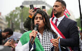 European Parliament member Rima Hassan speaks during a rally in central Paris on May 29, 2024, to protest an Israeli strike on a camp in Rafah. (Zakaria Abdelkafi/ AFP)