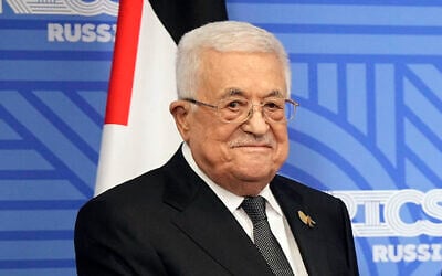 PA President Mahmoud Abbas at the BRICS summit in Kazan on October 24, 2024. (Alexander Zemlianichenko/Pool/AFP)