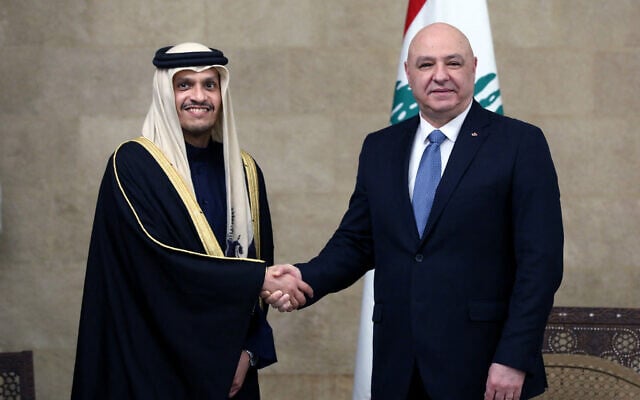 Lebanese President Joseph Aoun (R) meeting with Qatar's Prime Minister Mohammed Al-Thani in the presidential palace of Baabda, east of Beirut, on February 4, 2025. (Photo by Lebanese Presidency / AFP)