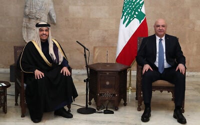 Lebanese President Joseph Aoun (R) meeting with Qatar's Prime Minister Mohammed Al-Thani in the presidential palace of Baabda, east of Beirut on February 4, 2025. (Lebanese Presidency / AFP)