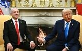 US President Donald Trump, right, meets with Prime Minister Benjamin Netanyahu in the Oval Office of the White House, in Washington, February 4, 2025. (Andrew Caballero-Reynolds / AFP)