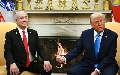 US President Donald Trump, right, meets with Prime Minister Benjamin Netanyahu in the Oval Office of the White House, in Washington, February 4, 2025. (Andrew Caballero-Reynolds / AFP)