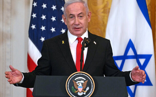 Prime Minister Benjamin Netanyahu speaks during a press conference with US President Donald Trump in the East Room of the White House in Washington, DC, on February 4, 2025. (Jim WATSON / AFP) Prime Minister Benjamin Netanyahu speaks during a press conference with US President Donald Trump in the East Room of the White House in Washington, DC, on February 4, 2025. (Jim WATSON / AFP)
