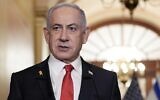 Prime Minister Benjamin Netanyahu speaks to the press at the US Capitol following his closed-door meeting with US Speaker of the House Mike Johnson in Washington, DC, on February 7, 2025. (Oliver Contreras / AFP)