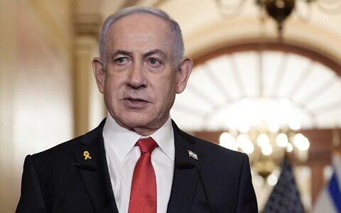 Prime Minister Benjamin Netanyahu speaks to the press at the US Capitol following his closed-door meeting with US Speaker of the House Mike Johnson in Washington, DC, on February 7, 2025. (Oliver Contreras / AFP)