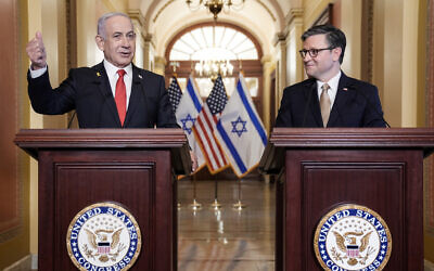 Prime Minister Benjamin Netanyahu (L) and US Speaker of the House Mike Johnson (R) speak to the press at the US Capitol following their closed-door meeting in Washington, DC, on February 7, 2025. (Oliver Contreras/AFP)