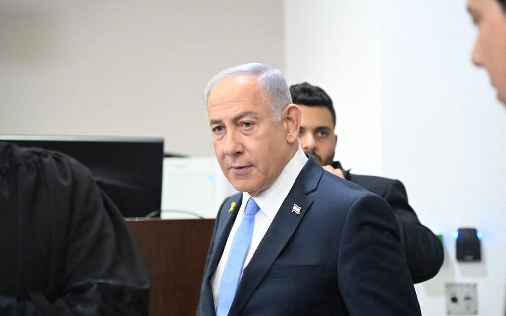 Prime Minister Benjamin Netanyahu attends his trial on corruption charges at the Tel Aviv District Court, on February 12, 2025. (Yair Sagi / POOL / AFP)