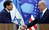 US Secretary of State Marco Rubio (L) and Prime Minister Benjamin Netanyahu shake hands during a press conference at the Prime Minister's Office in Jerusalem, on February 16, 2025. (Evelyn Hockstein / POOL / AFP)