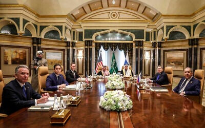 (L to R) US Middle East envoy Steve Witkoff, Secretary of State Marco Rubio, National Security Advisor Mike Waltz, Saudi Arabia's Foreign Minister Prince Faisal bin Farhan al-Saud, National Security Advisor Mosaad bin Mohammad al-Aiban, the Russian president's foreign policy advisor Yuri Ushakov, and Russia's Foreign Minister Sergei Lavrov attend a meeting together at Riyadh's Diriyah Palace on February 18, 2025. (Evelyn Hockstein / POOL / AFP)