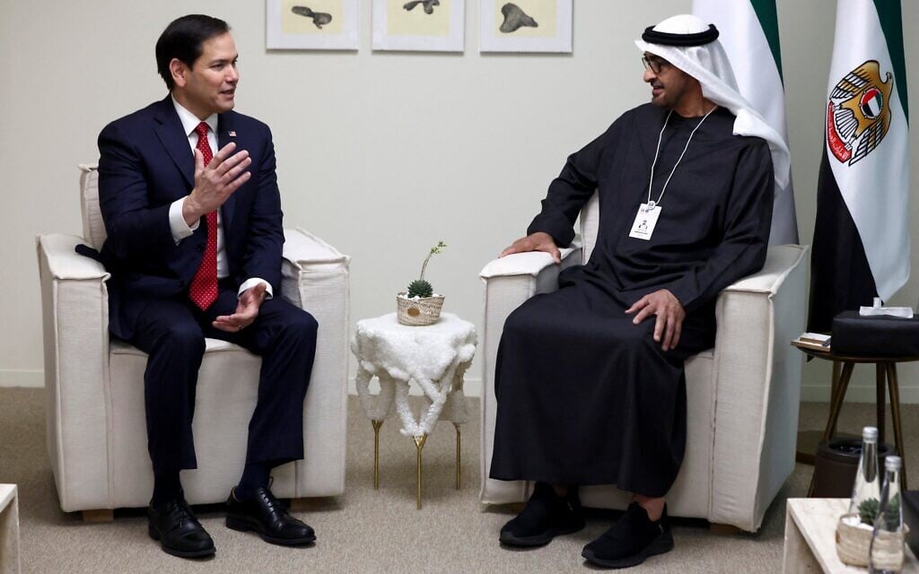 US Secretary of State Marco Rubio speaks with United Arab Emirates President Sheikh Mohamed bin Zayed Al Nahyan as they meet at ADNEC Centre Abu Dhabi in Abu Dhabi, on February 19, 2025. (Evelyn Hockstein / POOL / AFP)