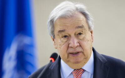 UN Secretary-General Antonio Guterres delivers a speech at the opening of the 58th session of the United Nations Human Rights Council in Geneva, on February 24, 2025. (Fabrice COFFRINI / AFP)