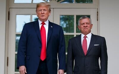 US President Donald Trump stands with King Abdullah II of Jordan during Trump's first administration, at the White House, June 25, 2018, in Washington. (AP Photo/ Evan Vucci)