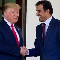 US President Donald Trump welcomes Qatar's Emir Sheikh Tamim bin Hamad Al Thani at the White House, July 9, 2019, in Washington. (AP Photo/Alex Brandon)