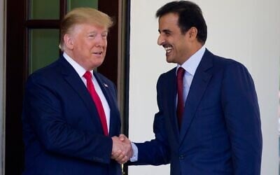 President Donald Trump welcomes Qatar's Emir Sheikh Tamim bin Hamad Al Thani at the White House, July 9, 2019, in Washington. (AP Photo/Alex Brandon)