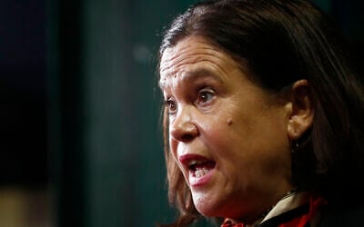 Sinn Fein president Mary Lou McDonald reacts after arriving at the count at the Royal Dublin Society in Dublin, Saturday, Nov. 30, 2024.(AP Photo/Peter Morrison)
