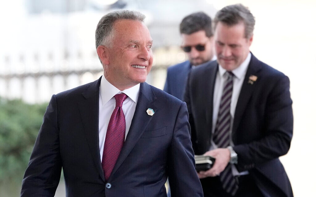 US Special Envoy to the Middle East Steve Witkoff, left, and US National Security Adviser Michael Walz, walk after speaking to the media outside the West Wing of the White House, in Washington, February 4, 2025. (AP/Alex Brandon)