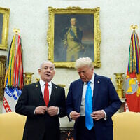 US President Donald Trump (right) meets with Prime Minister Benjamin Netanyahu in the Oval Office of the White House, in Washington, February 4, 2025. (AP/Evan Vucci)