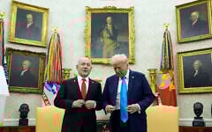 US President Donald Trump (right) meets with Prime Minister Benjamin Netanyahu in the Oval Office of the White House, in Washington, February 4, 2025. (AP/Evan Vucci)