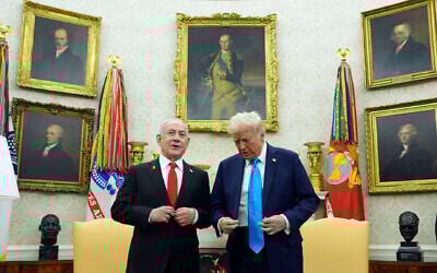 US President Donald Trump (right) meets with Prime Minister Benjamin Netanyahu in the Oval Office of the White House, in Washington, February 4, 2025. (AP/Evan Vucci)