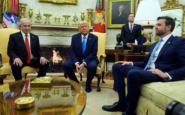 US President Donald Trump (center) meets with Prime Minister Benjamin Netanyahu (left) in the Oval Office of the White House, Feb. 4, 2025, in Washington, as Vice President JD Vance listens. (AP Photo/Evan Vucci)