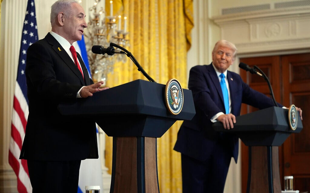 Prime Minister Benjamin Netanyahu (L) and US President Donald Trump (R) participate in a news conference in the East Room of the White House, February 4, 2025, in Washington. (AP Photo/Evan Vucci)