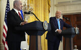 Prime Minister Benjamin Netanyahu (L) and US President Donald Trump (R) participate in a news conference in the East Room of the White House, February 4, 2025, in Washington. (AP Photo/Evan Vucci)