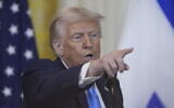 US President Donald Trump gestures during a joint press conference with Prime Minister Benjamin Netanyahu in the East Room of the White House, in Washington, February 4, 2025. (Alex Brandon/AP)