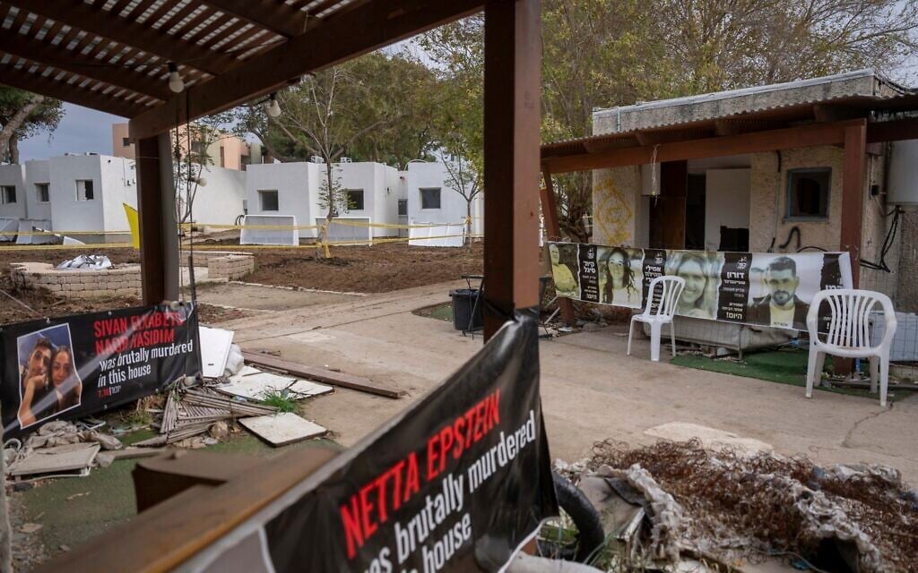 Homes damaged in the October 7, 2023, Hamas attacks await renovation in Kibbutz Kfar Aza on February 9, 2025. (AP Photo/Ohad Zwigenberg)