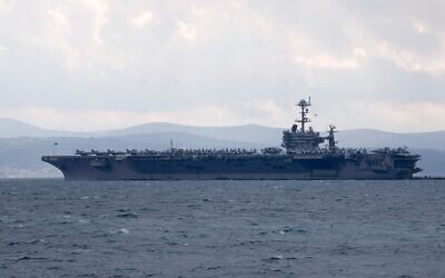 Aircraft carrier USS Harry S. Truman is moored near Split, Croatia, February 14, 2022. (AP Photo/Darko Bandic, File)