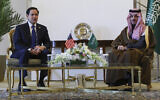 U.S. Secretary of State Marco Rubio, left, meets with Saudi Foreign Minister Prince Faisal bin Farhan Al Saud in Riyadh, Saudi Arabia, Monday Feb. 17, 2025. (Evelyn Hockstein/Pool Photo via AP)
