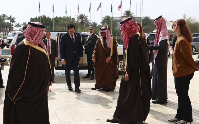 US Secretary of State Marco Rubio, left, meets with Saudi Foreign Minister Prince Faisal bin Farhan Al Saud in Riyadh, Saudi Arabia, February 17, 2025. (Evelyn Hockstein/ Pool Photo via AP)