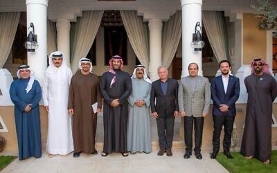 From left to right: Bahrain Crown Prince Salman bin Hamad Al Khalifa; Qatar's Emir Sheikh Tamim bin Hamad Al-Thani; United Arab Emirates President Sheikh Mohammed bin Zayed Al Nahyan; Saudi Crown Prince Mohammed bin Salman; Emir of Kuwait Mishal Al-Ahmad Al-Jaber Al-Sabah; King Abdullah II bin Al-Hussein of Jordan; Egyptian President Abdel Fattah el-Sissi; Jordan Crown Prince Hussein bin Abdullah; and UAE's National Security Advisor Sheikh Tahnoun bin Zayed al-Nahyan. The leaders pose for a picture during their meeting in Riyadh, Saudi Arabia, February 21, 2025. (Saudi Ministry of Media via AP)