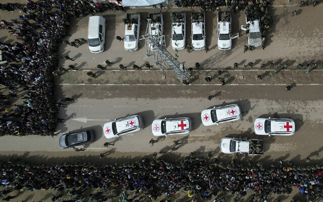 International Red Cross vehicles move carrying Israeli hostages, Eliya Cohen, Omer Shem and Omer Wenkert, after they were handed over by Hamas in Gaza Feb. 22, 2025. (AP/Mohammad Abu Samra) International Red Cross vehicles move carrying Israeli hostages, Eliya Cohen, Omer Shem and Omer Wenkert, after they were handed over by Hamas in Gaza Feb. 22, 2025. (AP/Mohammad Abu Samra)