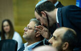 Then-National Security minister Itamar Ben Gvir and his chief of staff Chanamel Dorfman attend a committee meeting at the Knesset on November 27, 2024. (Yonatan Sindel/Flash90)