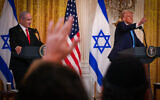 US President Donald Trump and Prime Minister Benjamin Netanyahu holding a joint press conference at the White House in Washington D.C., February 4, 2025. (Photo by Liri Agami/Flash90)