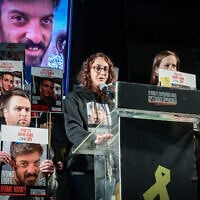Released hostage Sharon Alony Cunio, whose husband David Cunio is still held in Gaza, speaks at a rally at Tel Aviv's Hostages Square, February 8, 2025. (Avshalom Sassoni/Flash90)
