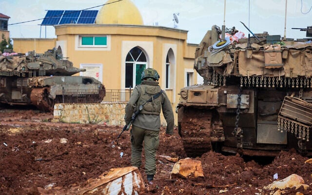 Israeli soldiers seen in Meiss El Jabal, in southern Lebanon, February 10, 2025. (Oren Cohen/Flash90)